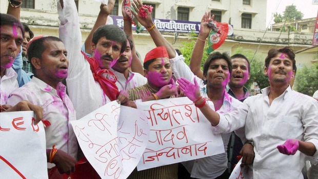 Samajwadi Party workers celebrate bypolls win