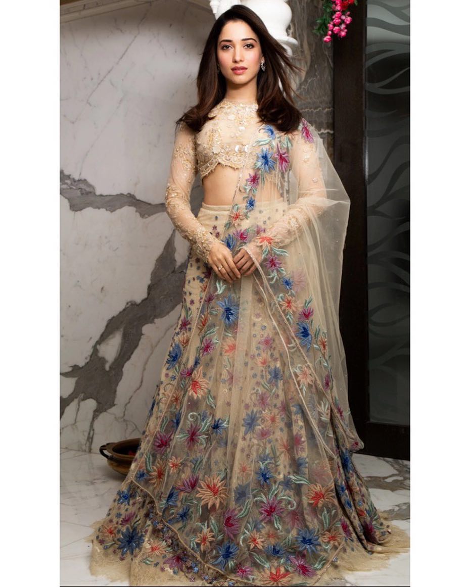 Tamannah is into full sleeve choli, in beize and multicolored net Lehanga